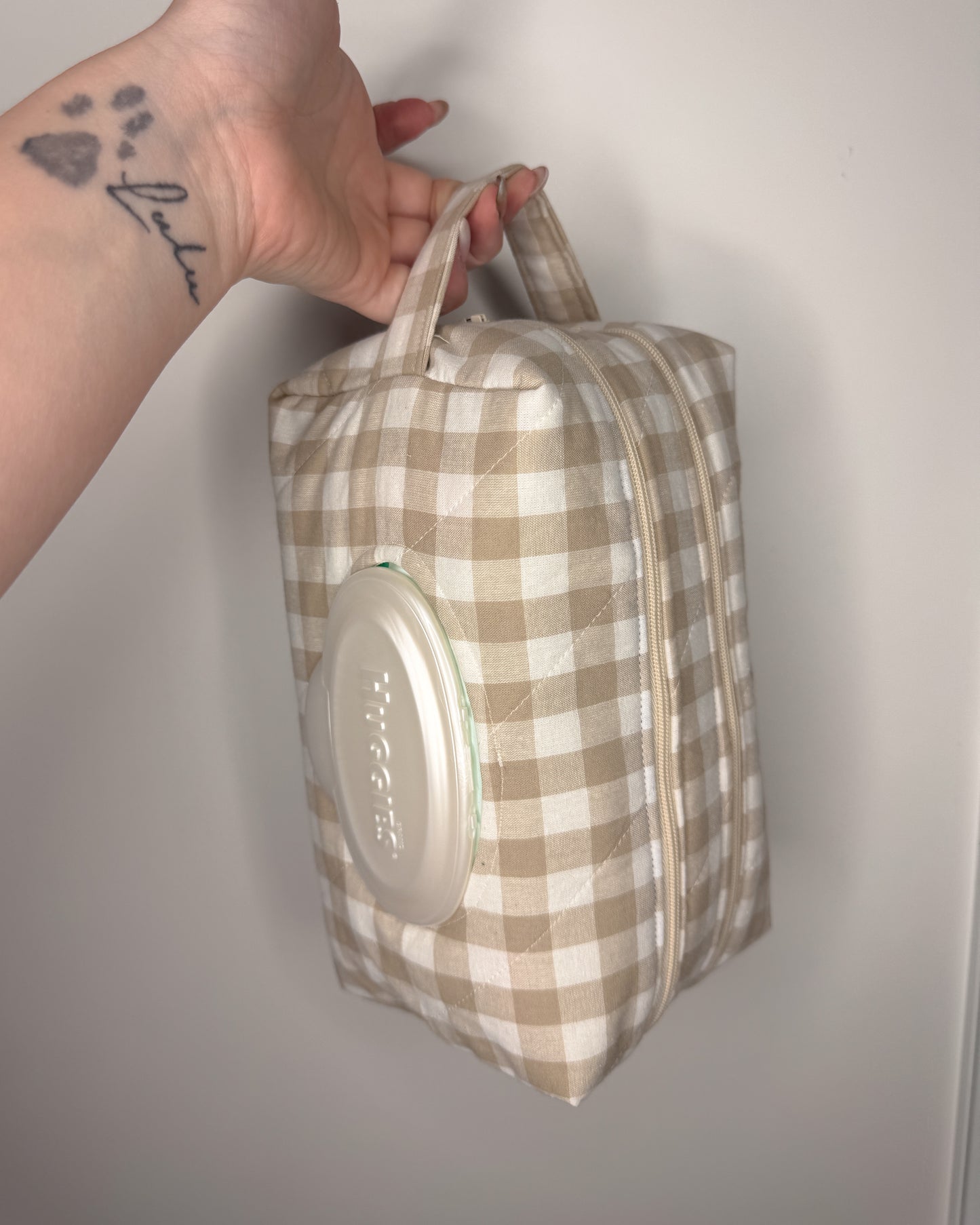 Beige Gingham Print Essential Wipe Pouch