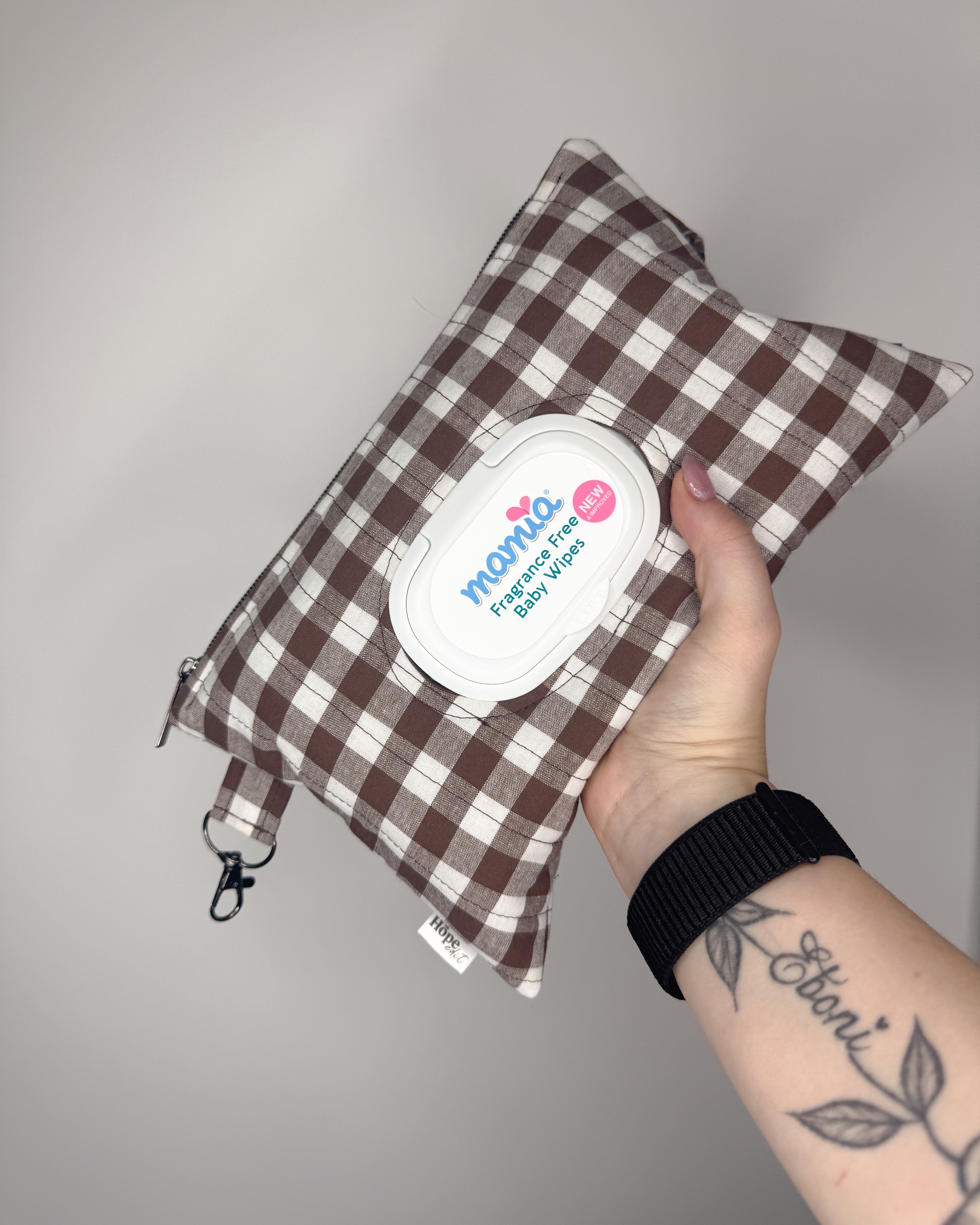 Choc Gingham Print Quilted Wipe Pouch | The Quick-Zip Wipe Case