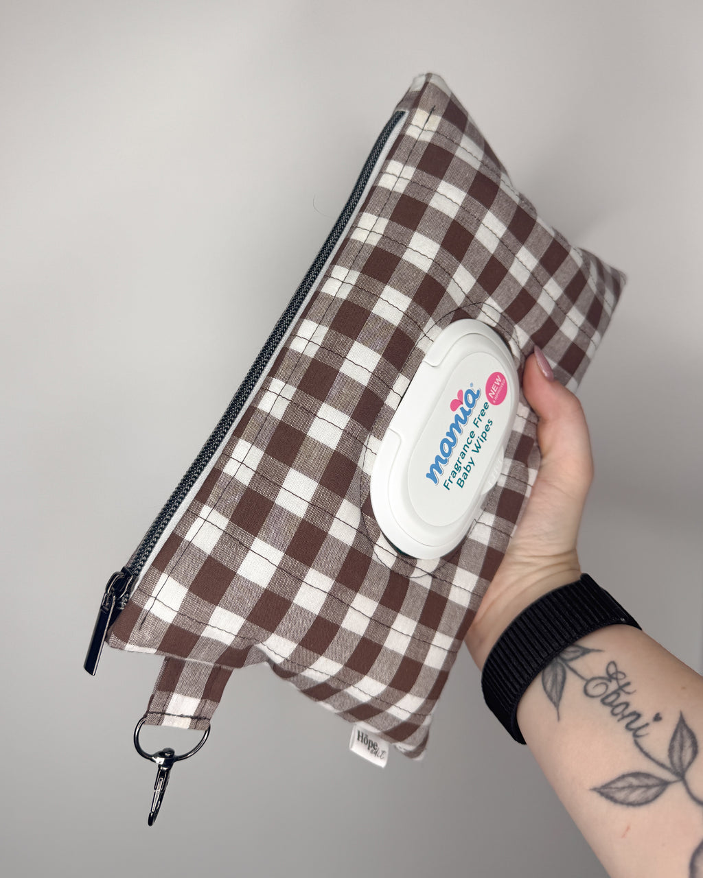 Choc Gingham Print Quilted Wipe Pouch | The Quick-Zip Wipe Case