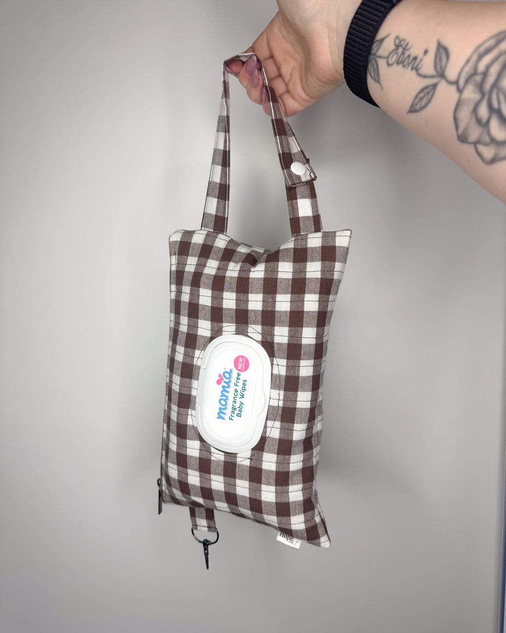 Choc Gingham Print Quilted Wipe Pouch | The Quick-Zip Wipe Case