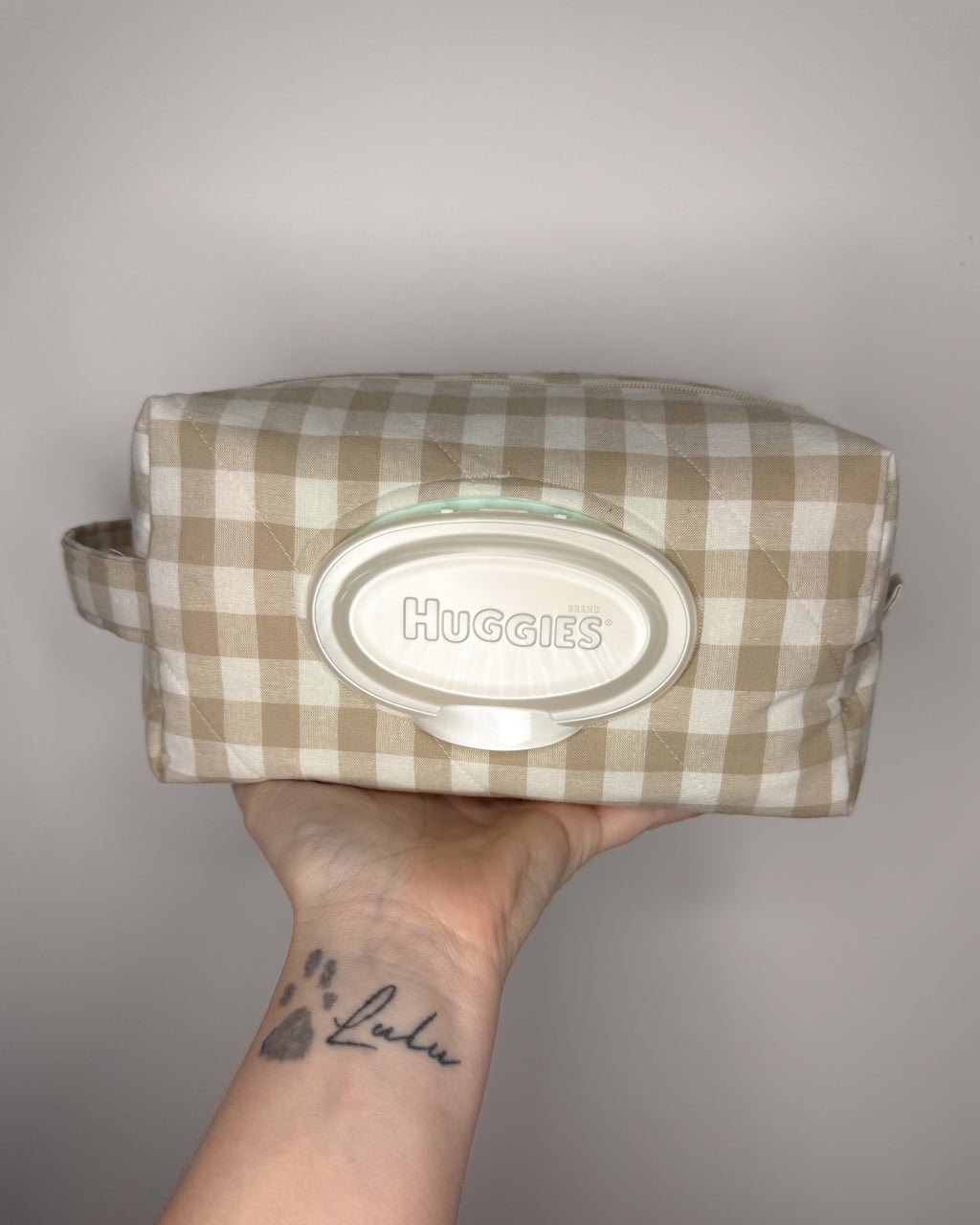 Beige Gingham Quilted Nappy & Wipe Pouch | Essential Baby Wipe Pouch