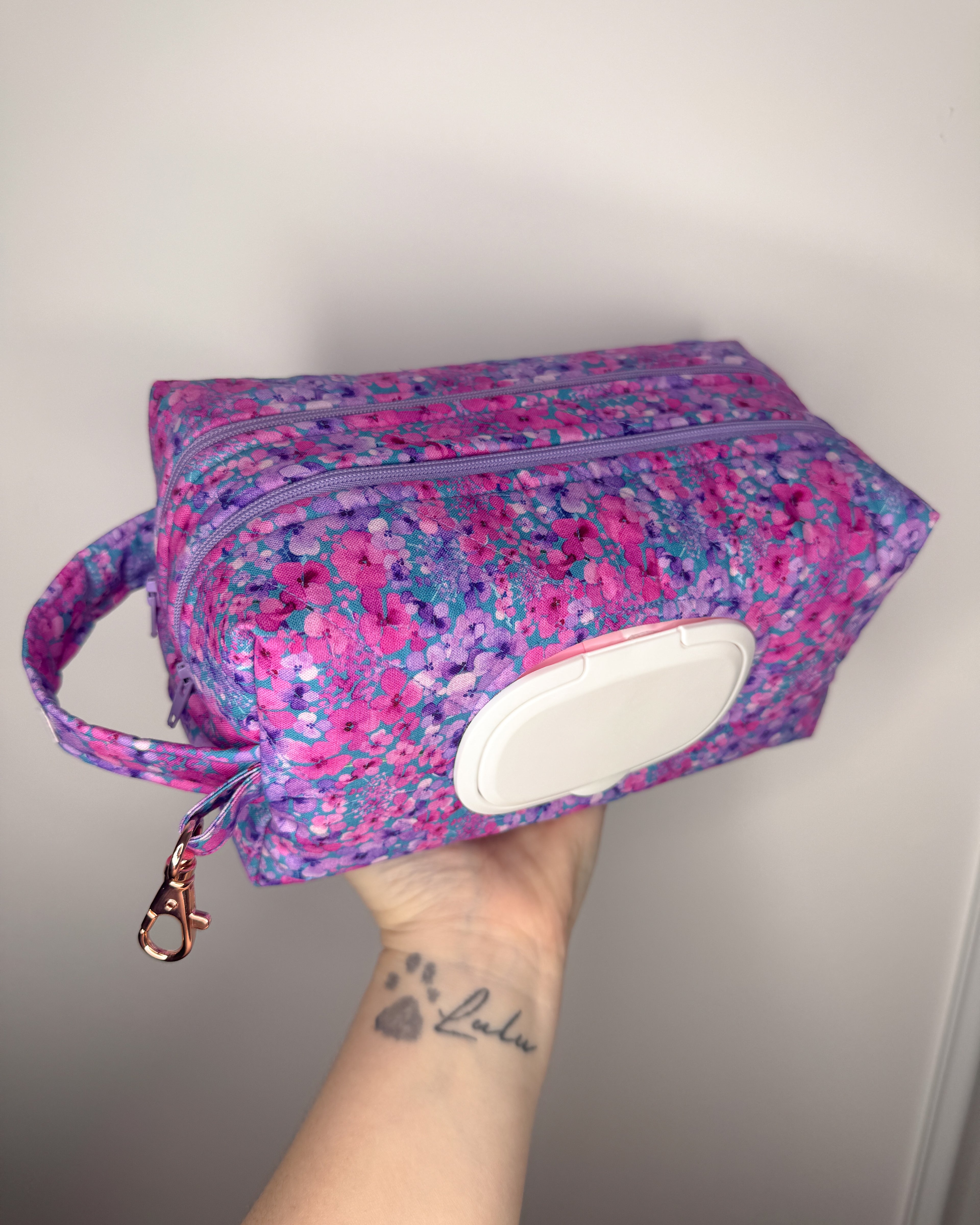 Purple Floral Garden Quilted Nappy & Wipe Pouch | Essential Baby Wipe Pouch