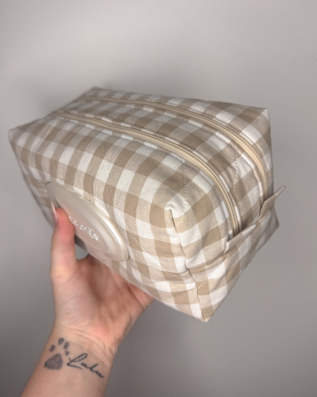 Beige Gingham Quilted Nappy & Wipe Pouch | Essential Baby Wipe Pouch