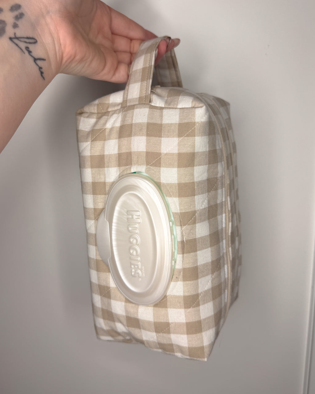 Beige Gingham Quilted Nappy & Wipe Pouch | Essential Baby Wipe Pouch
