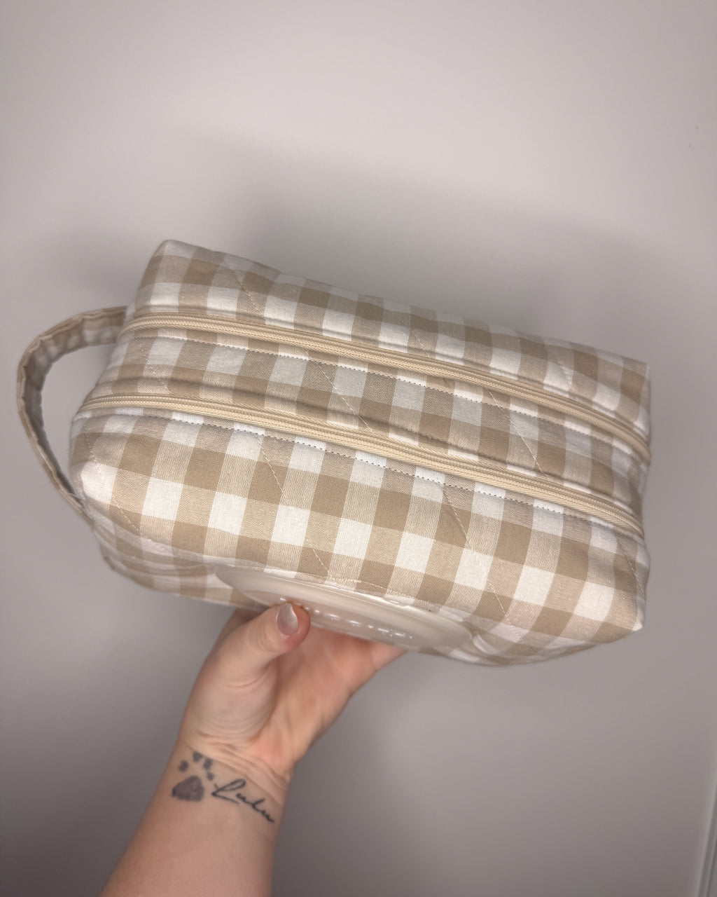 Beige Gingham Quilted Nappy & Wipe Pouch | Essential Baby Wipe Pouch
