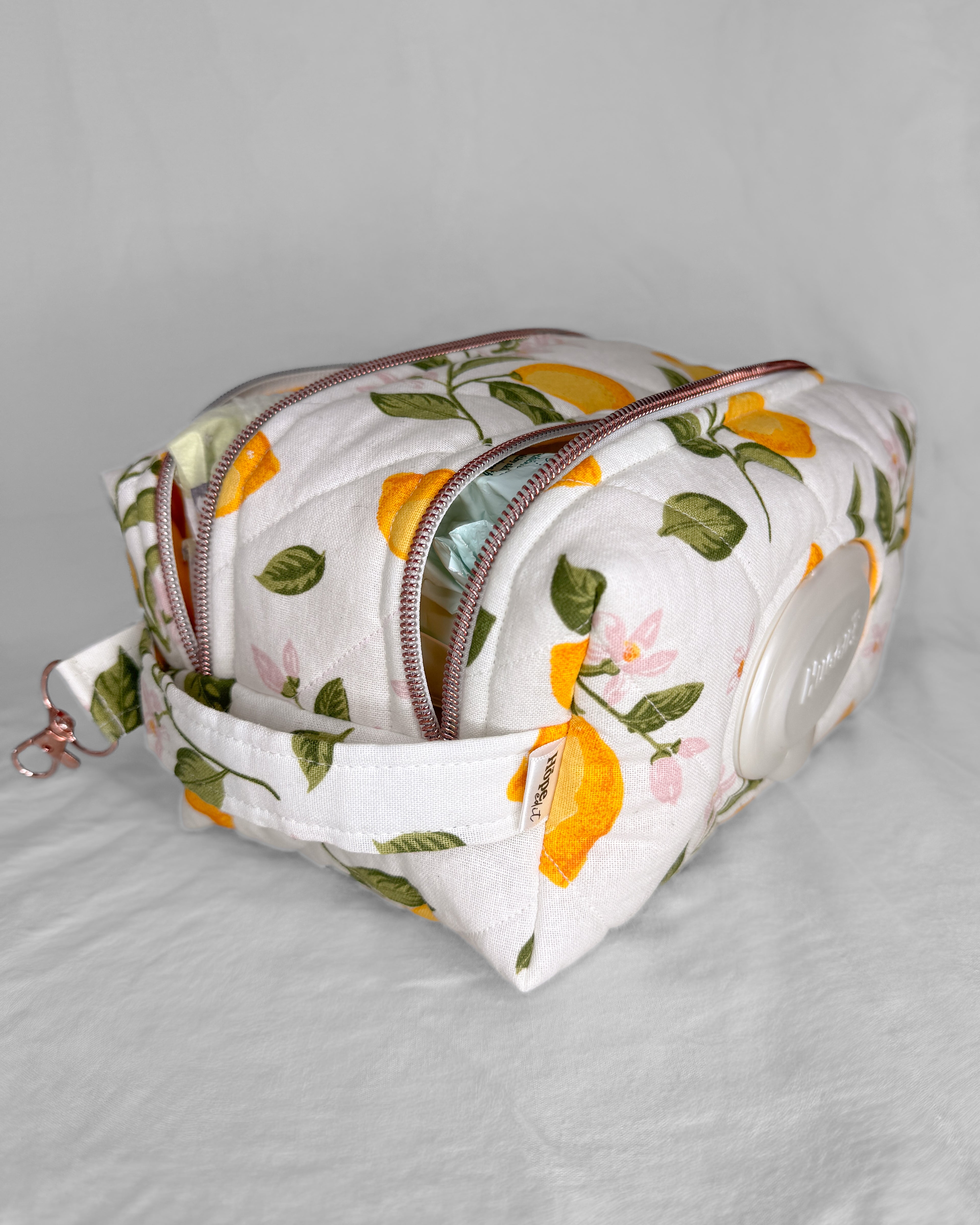 Lemon Squeeze Print Quilted Nappy & Wipe Pouch | Essential Baby Wipe Pouch