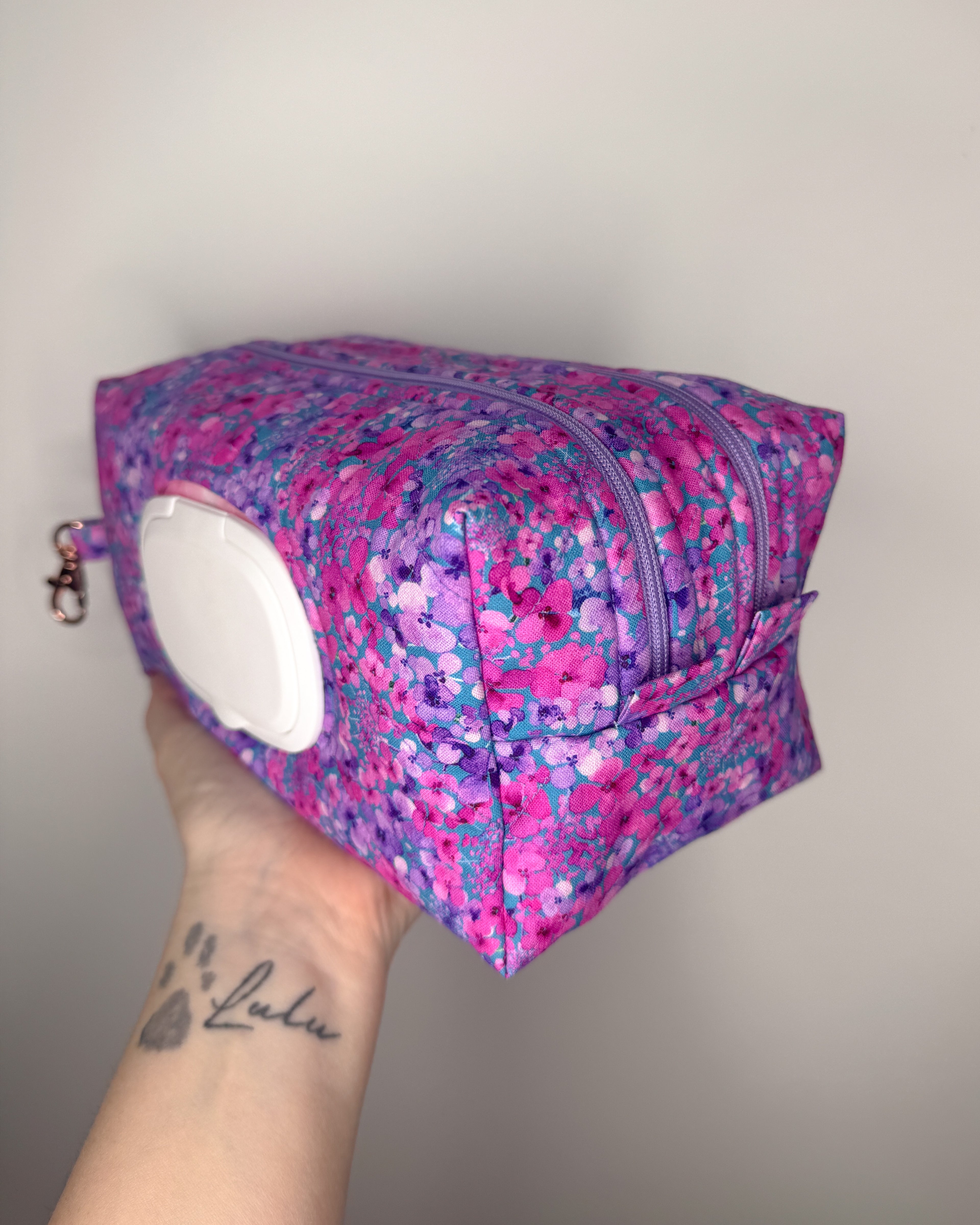 Purple Floral Garden Quilted Nappy & Wipe Pouch | Essential Baby Wipe Pouch