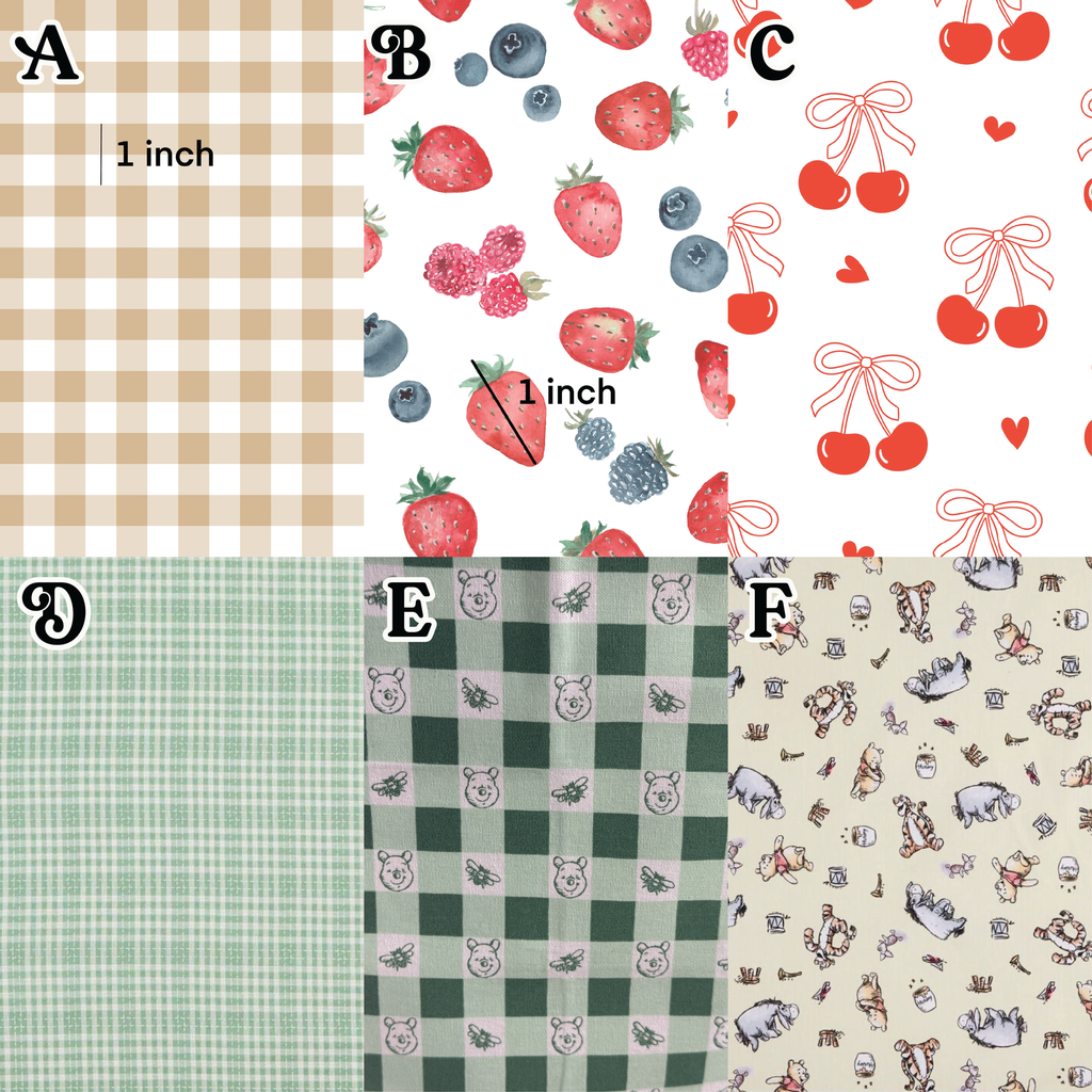 Collection of fabric patterns with measurements and various designs.