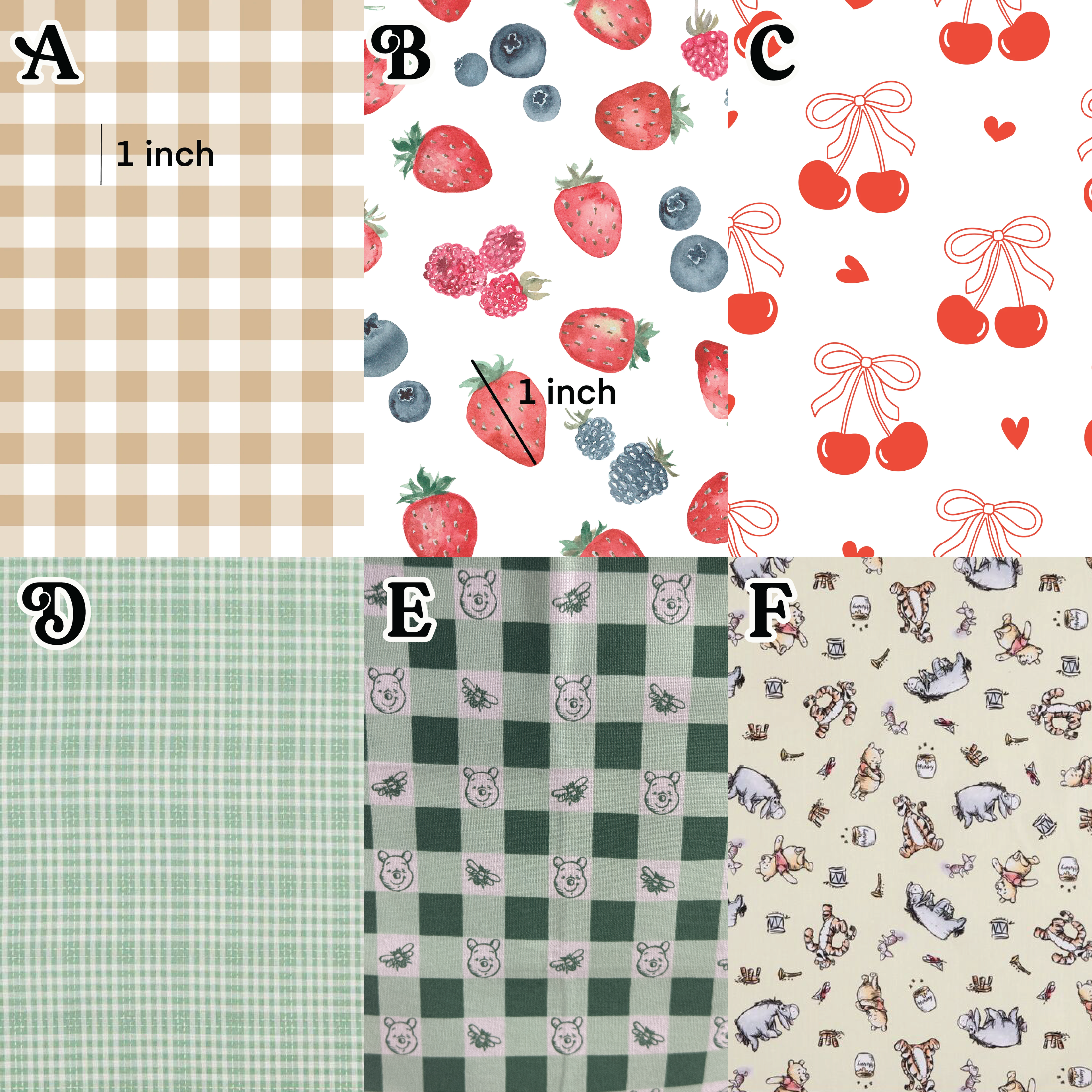 Collection of fabric patterns with measurements and various designs.