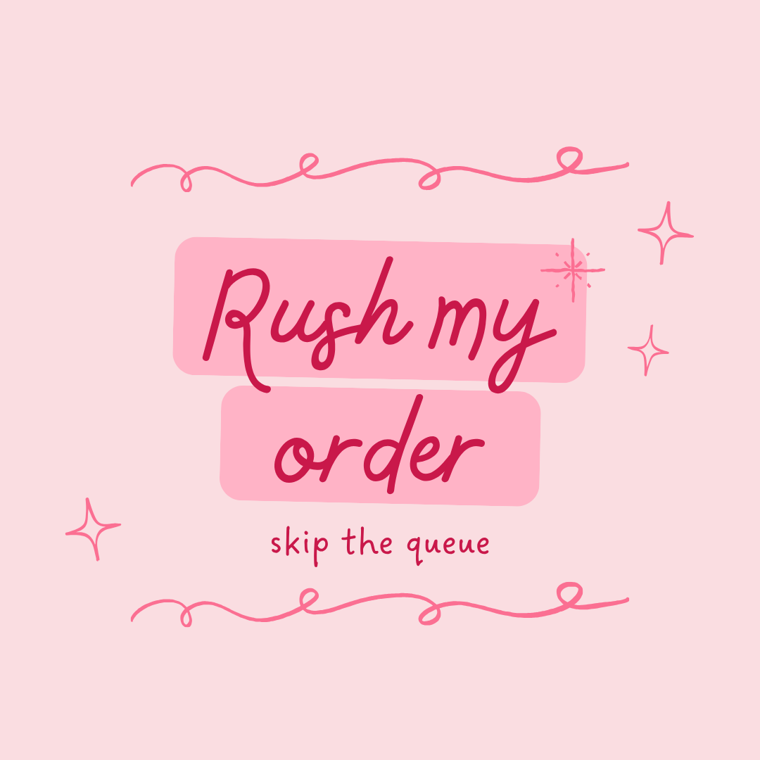 Pink background with text 'Rush my order skip the queue' and decorative elements.